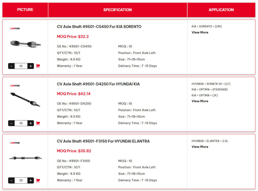 CV Axle Shaft Product Filter Page