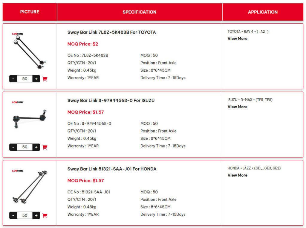 Sway Bar Link Product Filter Page