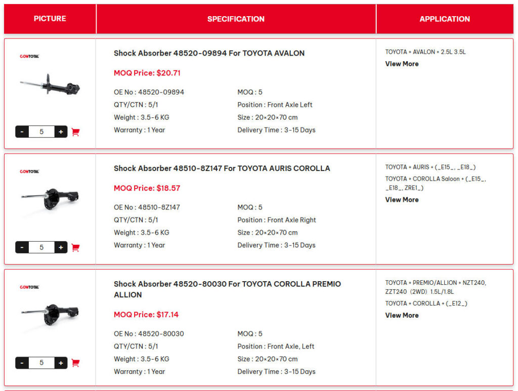 Shock Absorber Product Filter Page