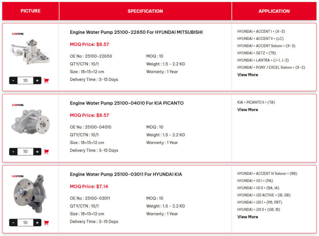 Engine Water Pump Product Filter Page