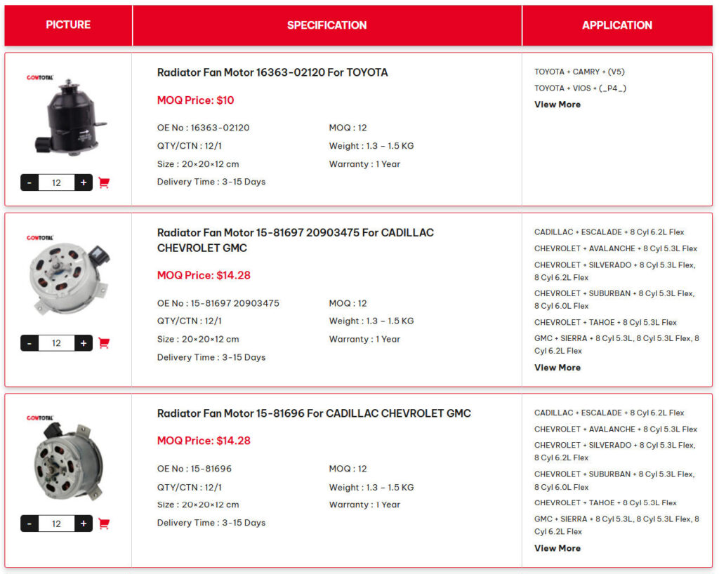 Radiator Fan Motor Product Filter Page