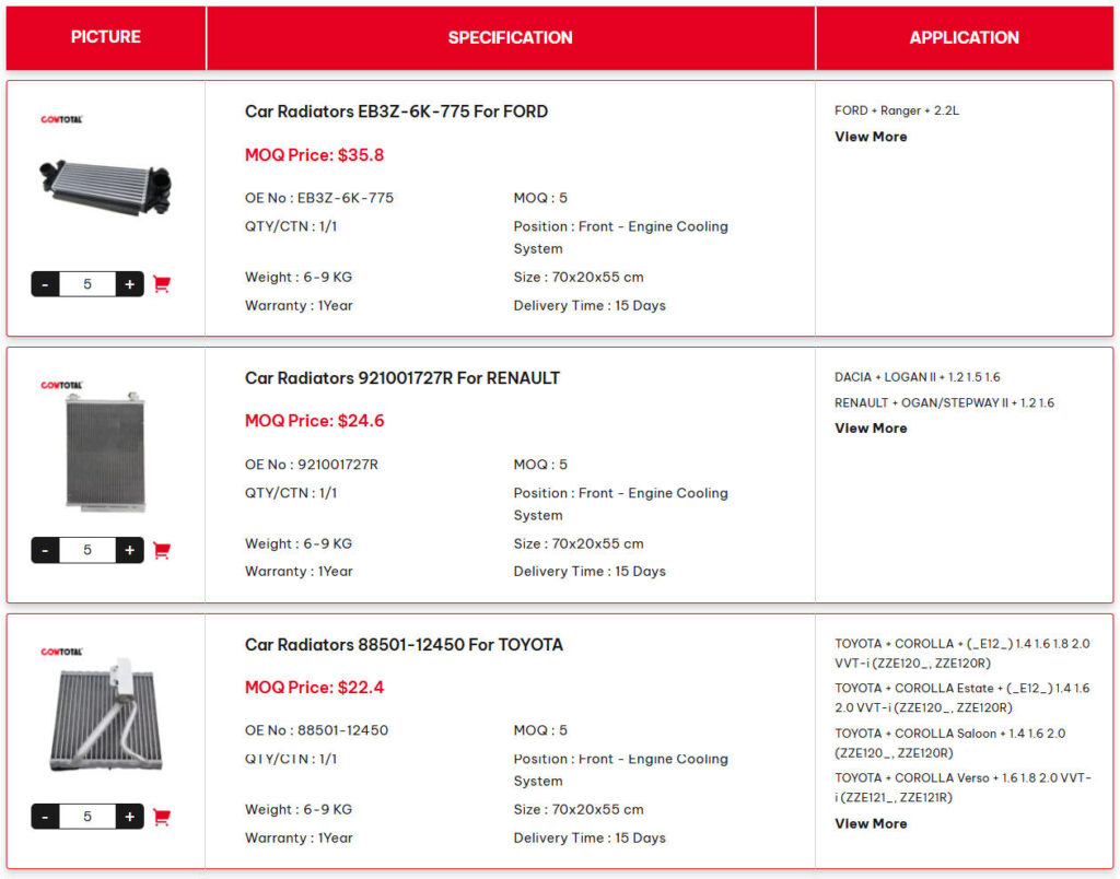 Car Radiators Product Filter Page